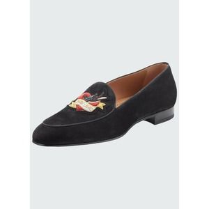 LOUBOUTIN LOVE ON THE NILE FLAT BLACK SUEDE APPLIQUE SMOKING LOAFERS 40 7 ITALY